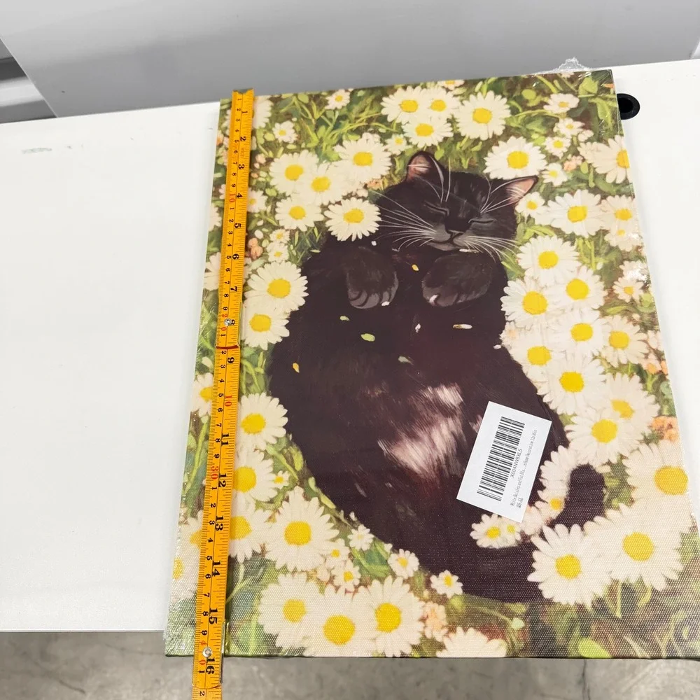 Black Cat Sleeping in Daisies Canvas Wall Art 12x16 Gallery Wrapped Floral Decor